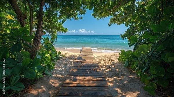 Fototapeta A tranquil view of a wooden pathway leading to a beautiful tropical beach framed by lush green foliage and clear skies.