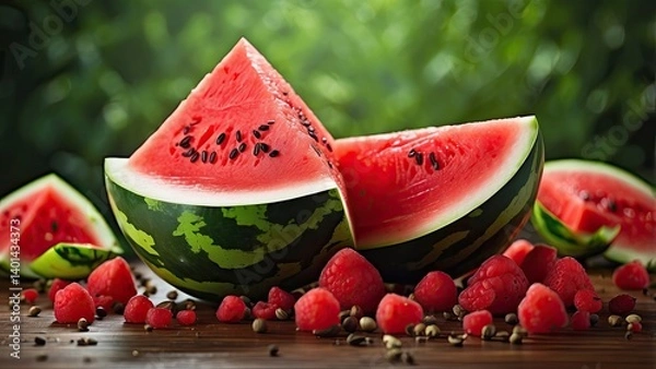 Fototapeta A vibrant slice of watermelon, with three triangular pieces arranged around a whole section