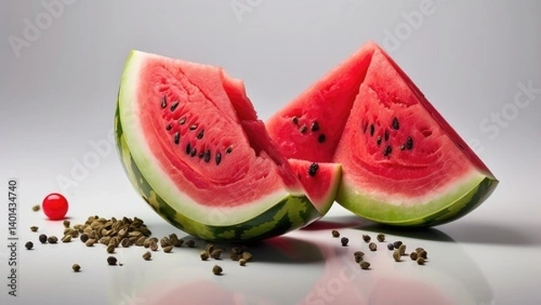 Fototapeta A vibrant slice of watermelon, with three triangular pieces arranged around a whole section