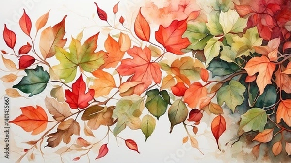 Fototapeta A watercolor illustration featuring a cluster of vibrant, multi-colored leaves