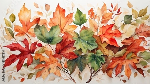 Fototapeta A watercolor illustration featuring a cluster of vibrant, multi-colored leaves