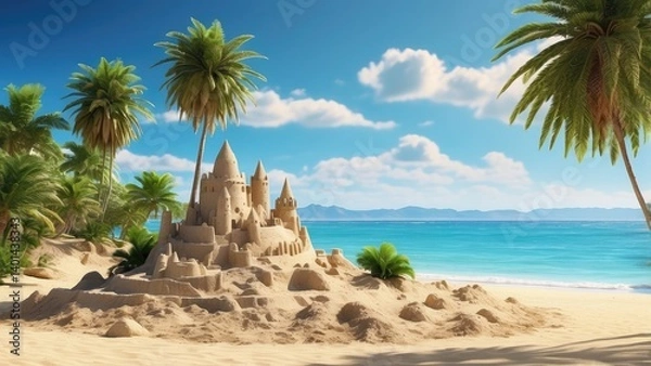 Fototapeta A scenic beach view featuring two sandcastles on a sandy shoreline, with a backdrop of turquoise ocean water and a clear blue sky dotted with fluffy white clouds