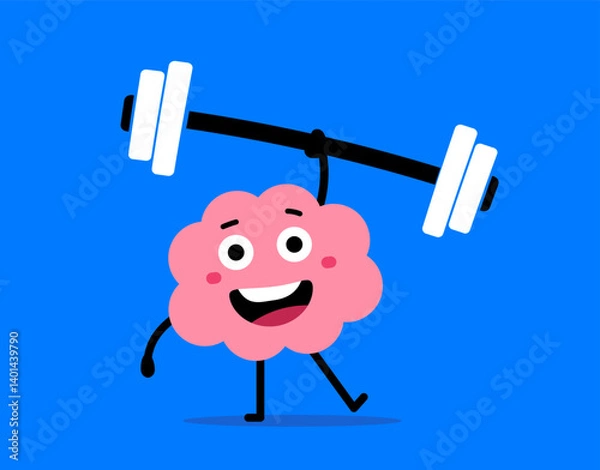 Fototapeta Vector illustration of cartoon strong and energy happy brain character make exercise with barbell on color background. Flat doodle style design of smile healthy brain lift weight easy