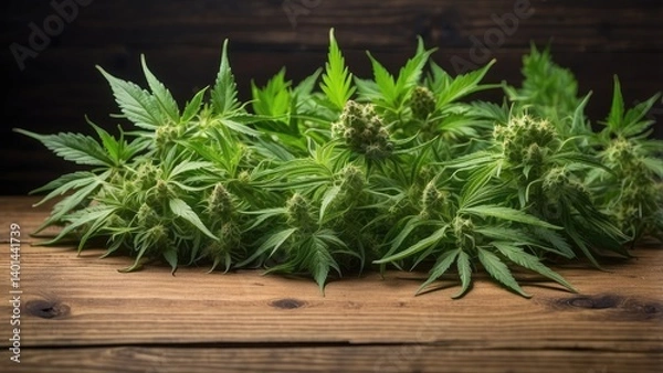 Fototapeta A wooden table surface features vibrant green cannabis leaves and buds on the left side