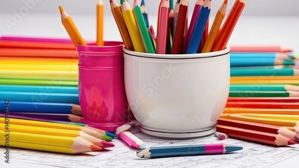 Fototapeta A close-up view of a variety of colored pencils arranged in a metal cup