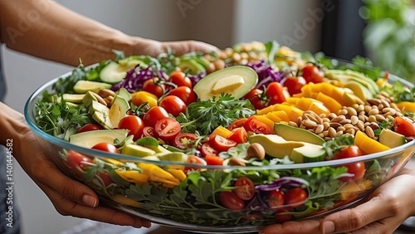 Fototapeta A person holds a large glass bowl filled with a colorful salad