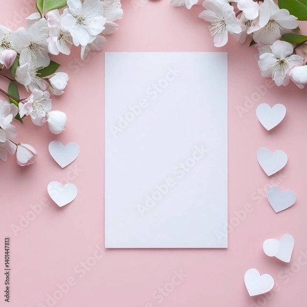 Fototapeta valentine theme mockup background for stationary, should have a flowersand paper hearts on a flat surface.