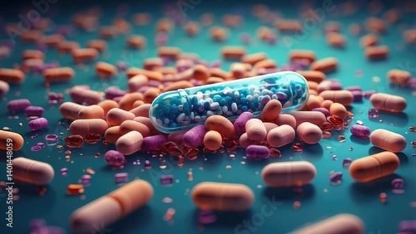Fototapeta A 3D illustration depicting a large, translucent capsule filled with colorful pills, set against a blurred backdrop of microscopic virus particles and cells