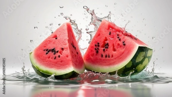 Fototapeta A vibrant slice of watermelon, with three triangular pieces arranged around a whole section