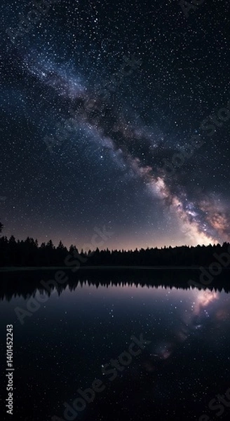 Fototapeta Night sky filled with stars and the Milky Way over a calm lake, reflection on the water, silhouette of trees in the background.