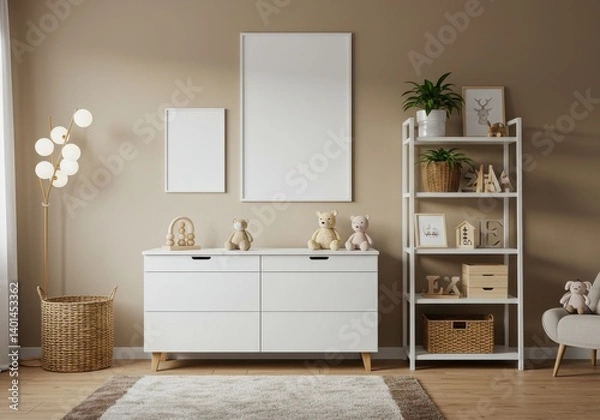 Fototapeta Softly lit nursery with white dresser, plush toys, plants, and cozy decor against beige wall with blank white canvas