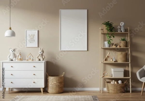 Fototapeta Softly lit nursery with white dresser, plush toys, plants, and cozy decor against beige wall with blank white canvas
