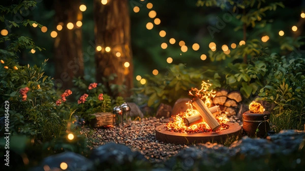 Fototapeta A magical evening campfire scene glows warmly amidst lush greenery and fairy lights creating a serene and romantic ambiance perfect for relaxation and peaceful contemplation.