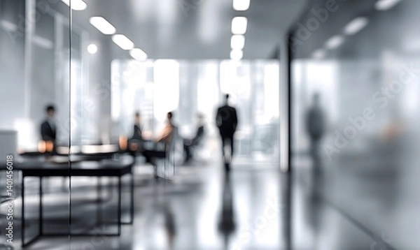Fototapeta Blurry office scene with people in a meeting and a person walking in a modern corporate environment