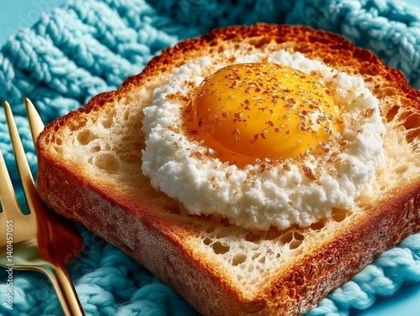Obraz Cloud egg on toast with golden fork. 