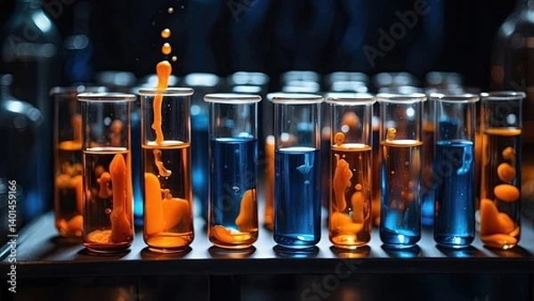 Fototapeta a group of test tubes with orange and blue liquid in them on a dark background, pathology sample test tubes, test tubes