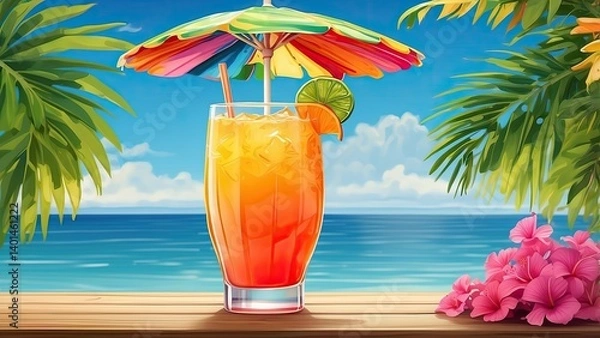 Fototapeta A colorful, layered cocktail served in a tall glass adorned with a paper umbrella and citrus slices