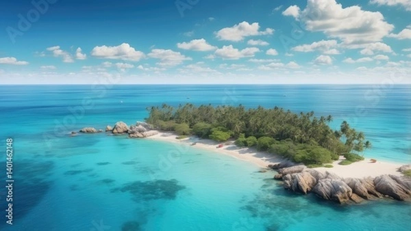 Fototapeta Aerial view of a tropical beach with golden sand, surrounded by lush green palm trees
