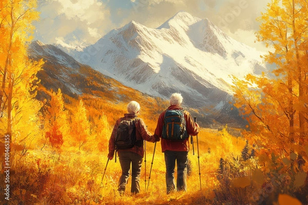 Obraz Two people walking in a forest with mountains looming in the background.