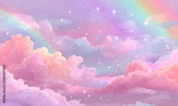 Fototapeta Pastel rainbow sky with fluffy clouds and twinkling stars creating a dreamy and magical atmosphere