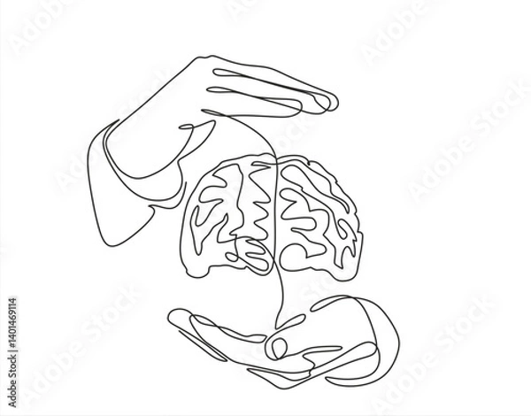 Fototapeta One continuous single line of hands hold brain. World Mental Health day is observed every year on October 10, A mental illness is a health problem	