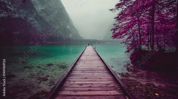 Obraz Pier extends over turquoise lake with dark mountains and vibrant purple trees under a moody sky. Serene, misty landscape