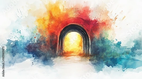 Obraz Watercolor painting of a tunnel with bright light at the end and colorful paint splatters around it