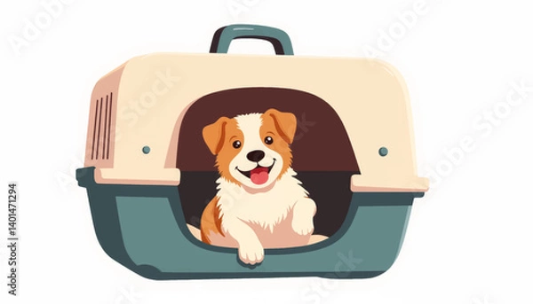 Fototapeta Happy dog peeking from pet carrier, playful companionship