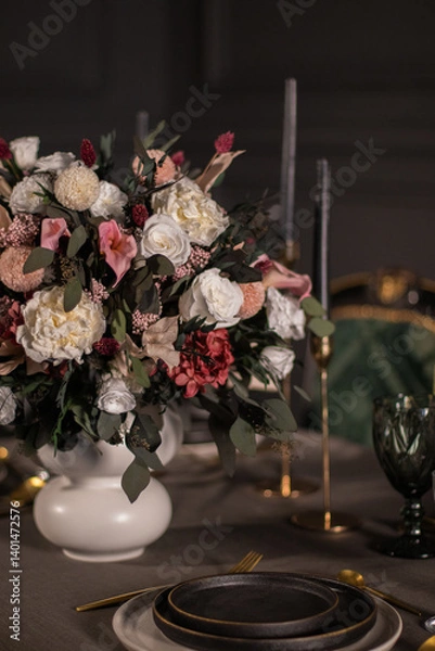 Obraz Flower arrangement of stabilized light flowers in a classic style for home, hotel, restaurant.