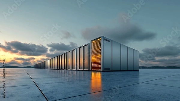 Fototapeta Sunset Server Farm with Data Center.