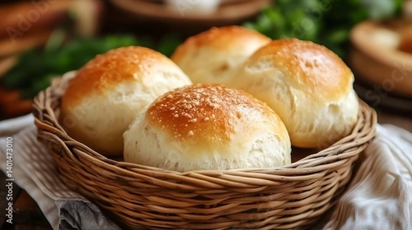 Fototapeta Freshly baked homemade dinner rolls with golden brown tops rest in rustic wicker basket on wooden table, copy space