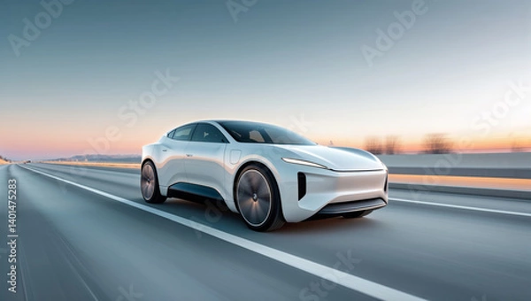 Fototapeta A sleek white electric car is speeding down a highway during a beautiful sunset.
