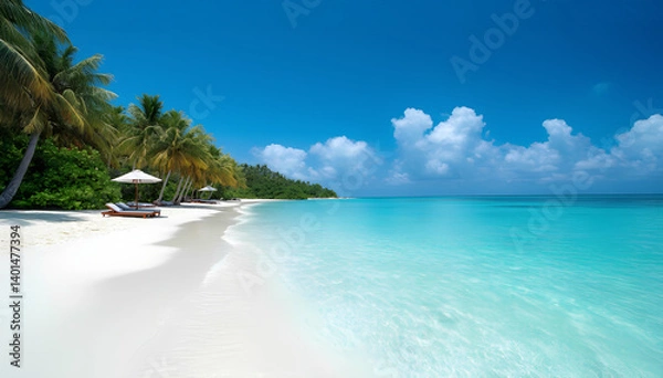 Fototapeta Beautiful tropical island with palm trees and beach panorama as background image. Asian summer season landscape. Maldives island Ocean tropical beach. palm trees and white clouds and pink sand 