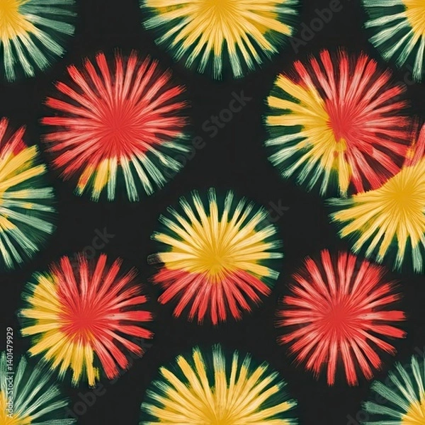 Fototapeta Tie Dye Textile Print. African Ethnic Batik Ornament. Tribal seamless pattern in African flag colors black, green, yellow, red. Fireworks seamless pattern