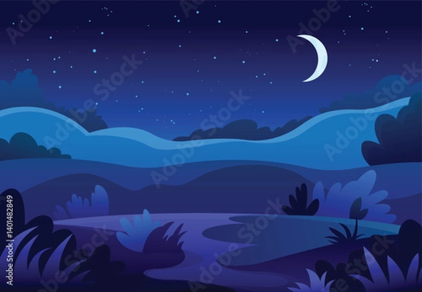 Fototapeta Vector hand drawn night landscape. Horizontal illustration for design and cover design with space for text. Moon, stars, path, fields and bushes. Clear cloudless night.