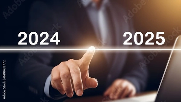 Fototapeta New year's start up, start new business and new life, Planning, opportunity, challenge and business strategy in new year 2025. Businessman touching status bar to change from 2024 to 2025.