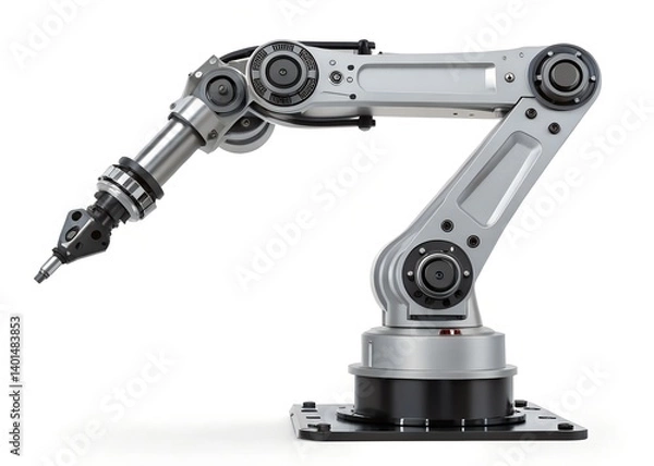 Fototapeta Industrial automation: Precision engineering is showcased, offering a detailed look at a robot arm. Metal structure demonstrates industry technology.