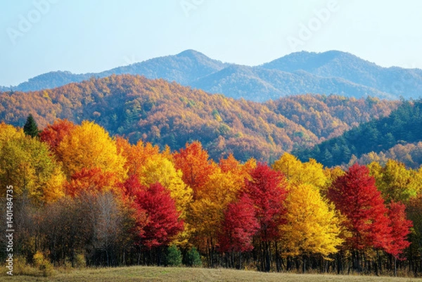 Fototapeta Colorful trees in the mountains during fall foliage, with a stunning blend of red, orange, and yellow hues creating a breathtaking natural scene.