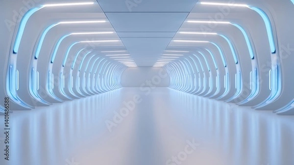 Fototapeta 青いネオンライトの未来的なデザインの通路の視点 3Dレンダリング