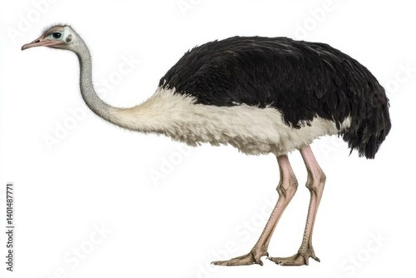 Fototapeta Curious ostrich with long neck extended forward against a clean white backdrop in a captivating pose