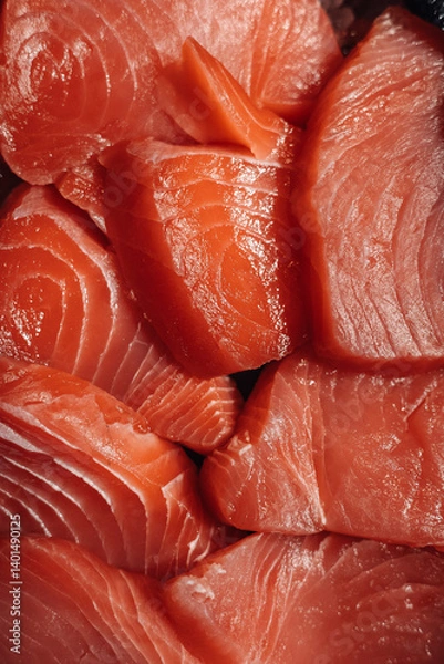 Fototapeta A pile of red fish fillets. The fish are cut into small pieces