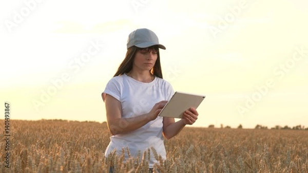 Fototapeta Thoughtful woman farmer checkups data on tablet walking across wheat field at sunset. Professional farmer with tablet analyses cereal crop at farmland. Smart farming technology for plant cultivation