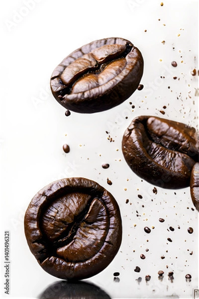 Fototapeta Floating Roasted Coffee Beans in Air – Macro Explosion on Transparent Background