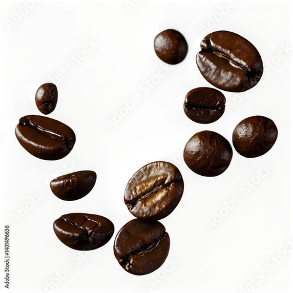 Fototapeta Floating Roasted Coffee Beans in Air – Macro Explosion on Transparent Background