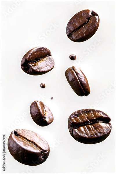 Fototapeta Floating Roasted Coffee Beans in Air – Macro Explosion on Transparent Background