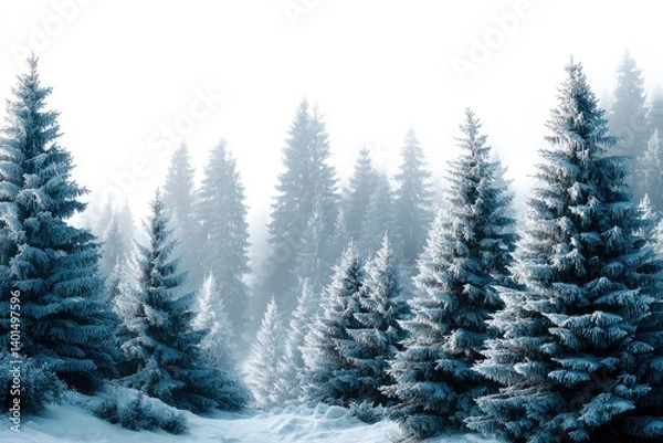 Fototapeta Snow Covered Fir Trees in Misty Winter Forest Landscape