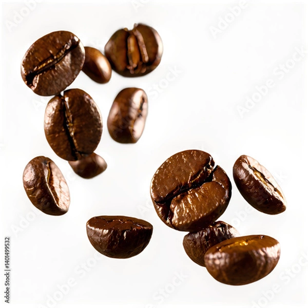 Fototapeta Floating Roasted Coffee Beans in Air – Macro Explosion on Transparent Background