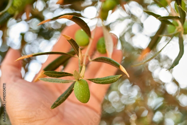 Fototapeta Close-up of a farmer's hand gently holding a branch of an olive tree laden with ripening green olives, showcasing the delicate balance of nature and human cultivation in an olive orchard