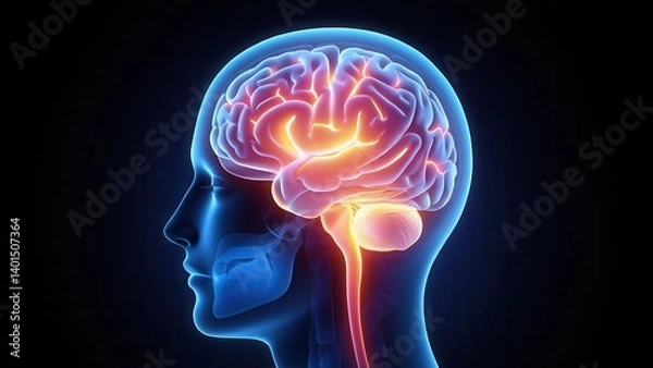 Fototapeta Human brain anatomy side view with highlighted areas, medical textbook illustration, neuroscience research, educational presentation, healthcare article, scientific visualization