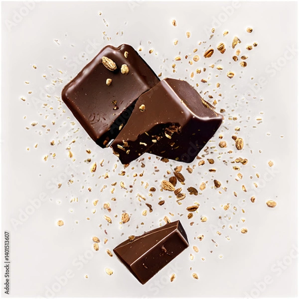Obraz Falling Chocolate Chunks and Cocoa Nibs in Air – Macro Explosion on Transparent Background